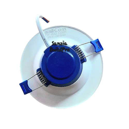 Ceiling light fixture with blue and white components on a white background