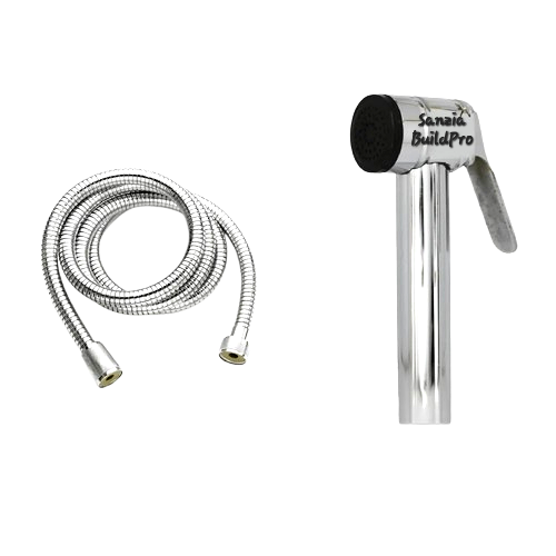 Chrome shower head and hose on a white background
