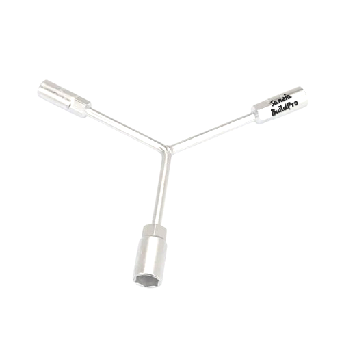 Silver three-way bike tool with 'Sanzia BuildPro' branding on a white background