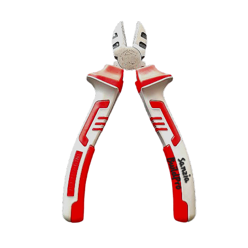 Pair of red and white pliers on a white background