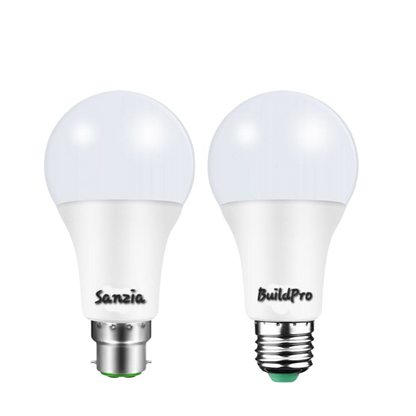 Two LED light bulbs with 'Sanzia' and 'BuildPro' branding on a white background