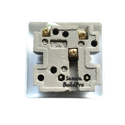 Metallic electrical switch or connector with 'Sanzia BuildPro' branding on a white background