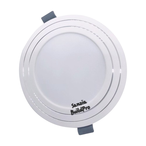 Round LED downlight with 'Sanzia BuildPro' branding on a white background