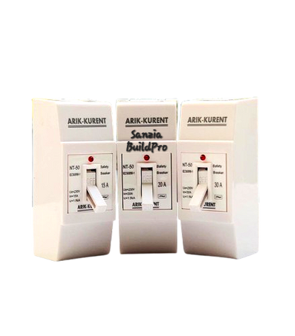 Three electrical switches with labels on a white background