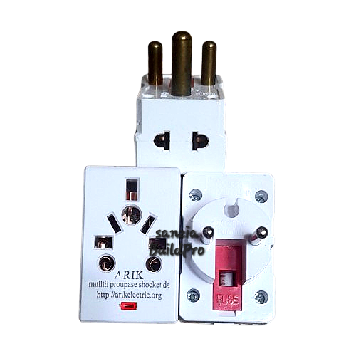 Electrical device with multiple sockets and switches on a white background