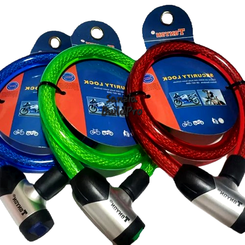 Set of colorful bike locks with tags on a white background