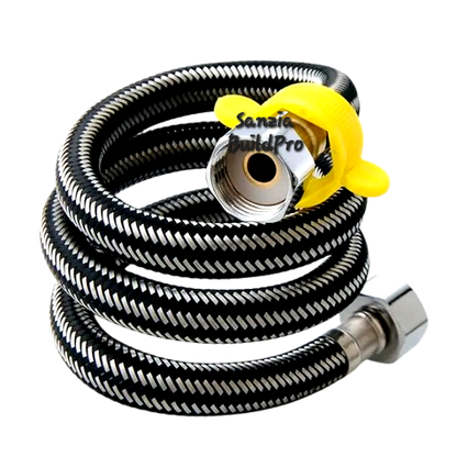 Black and silver hose with a yellow nozzle on a white background