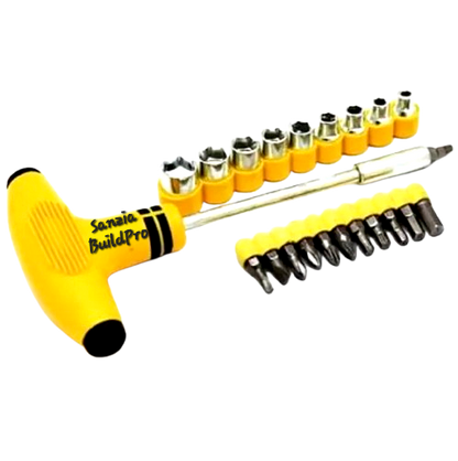 Yellow screwdriver set with various bits on a white background