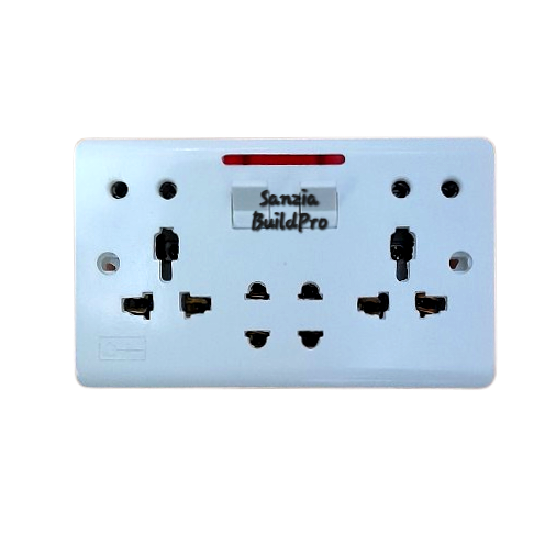 Electrical outlet with multiple sockets and a switch, branded 'Sanzia BuildPro', on a white background.
