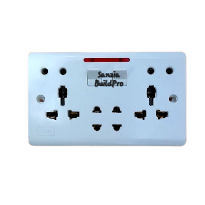 Electrical outlet with multiple sockets and a switch, branded 'Sanzia BuildPro', on a white background.