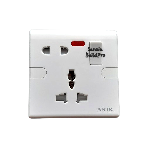 White electrical socket with branding on a white background
