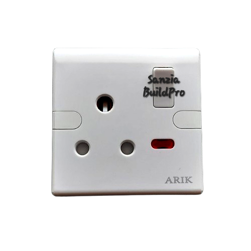 Electrical socket with 'Sanzia BuildPro' and 'ARIK' branding on a white background