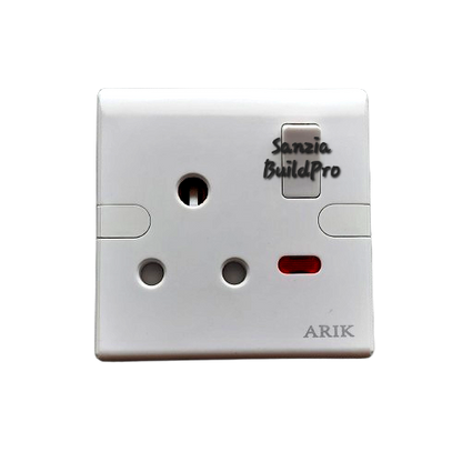 Electrical socket with 'Sanzia BuildPro' and 'ARIK' branding on a white background