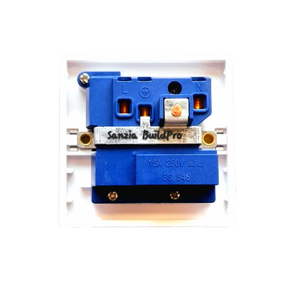 Blue electrical switch with 'Sanzia BuildPro' branding on a white background