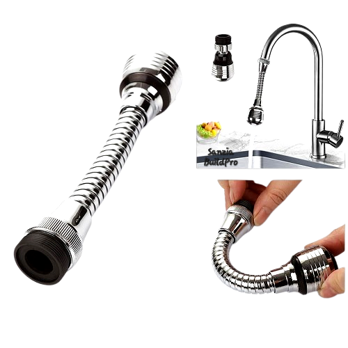 Chrome kitchen faucet with flexible hose attachment on a white background