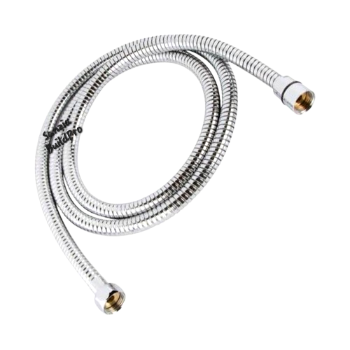 Metallic shower hose with brass connectors on a white background