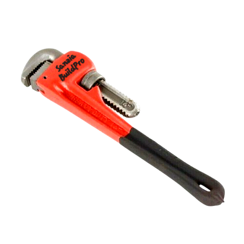 Red pipe wrench with black handle on a white background