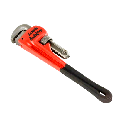 Red pipe wrench with black handle on a white background