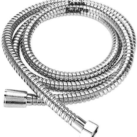 Metallic flexible hose with connectors on a white background