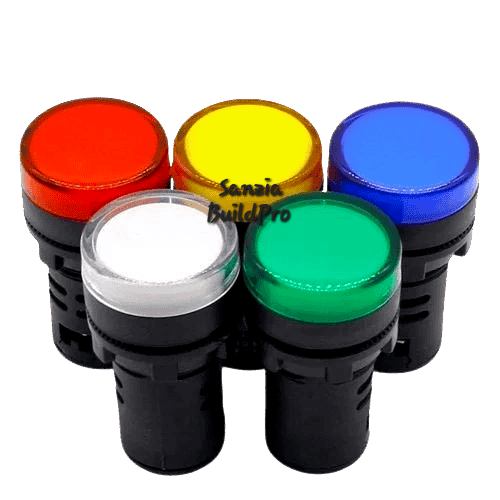 Set of five colored lights in red, yellow, blue, white, and green on a white background with 'Sanaia BuildPro' branding.