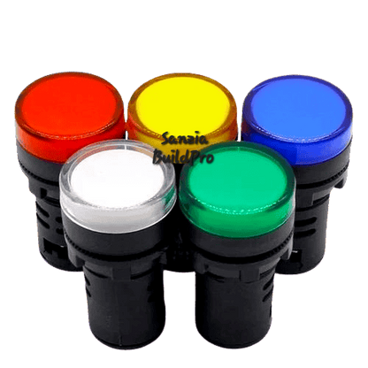 Set of five colored lights in red, yellow, blue, white, and green on a white background with 'Sanaia BuildPro' branding.