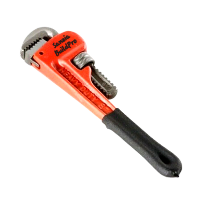 Pipe wrench with red handle and black grip on a white background