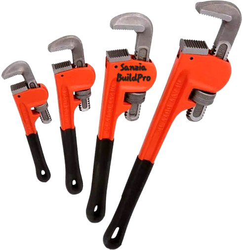 Set of four pipe wrenches with orange handles and black grips on a white background