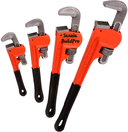 Set of four pipe wrenches with orange handles and black grips on a white background