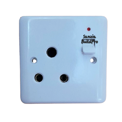 Light blue electrical switch with black screws on a white background