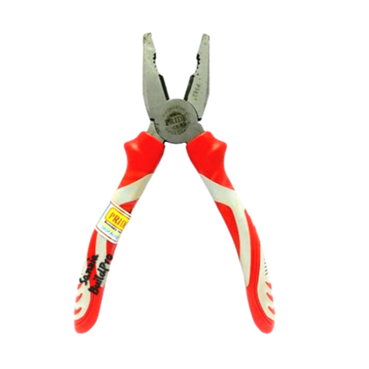 Pair of pliers with red and white handles on a white background