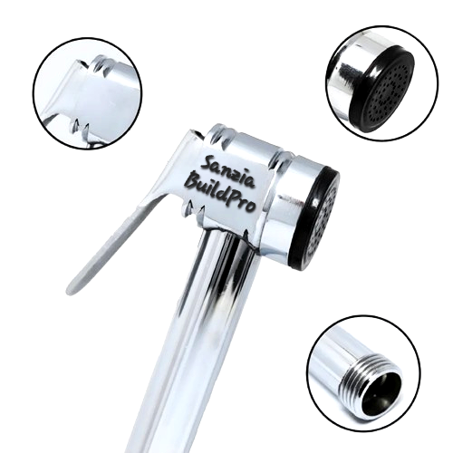 Chrome bathroom faucet with detailed views on a white background