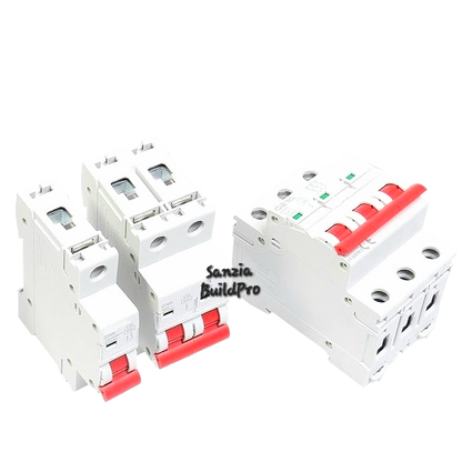Electrical circuit breaker with red trip levers on a white background, featuring the Sanzio BuildPro brand.
