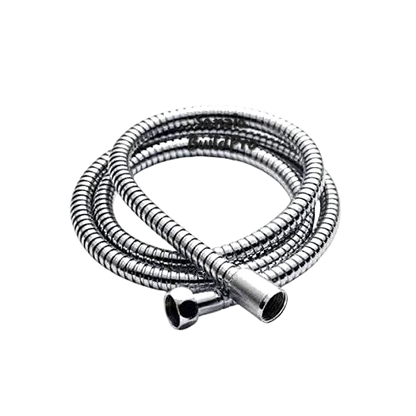 Metallic shower hose with connectors on a white background
