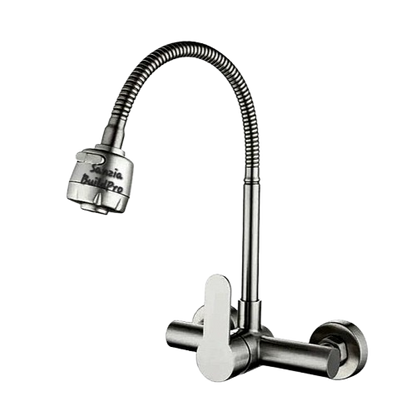 Premium 12" inches Long Neck Stainless Steel Kitchen Faucet | Hot and Cold Mixer | Wall Mount | 360° Moveable