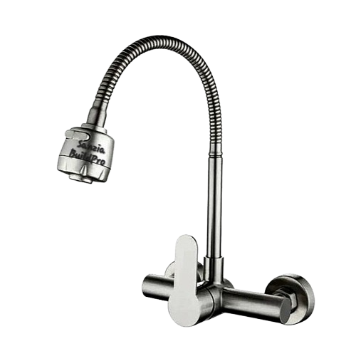 Premium 12" inches Long Neck Stainless Steel Kitchen Faucet | Hot and Cold Mixer | Wall Mount | 360° Moveable